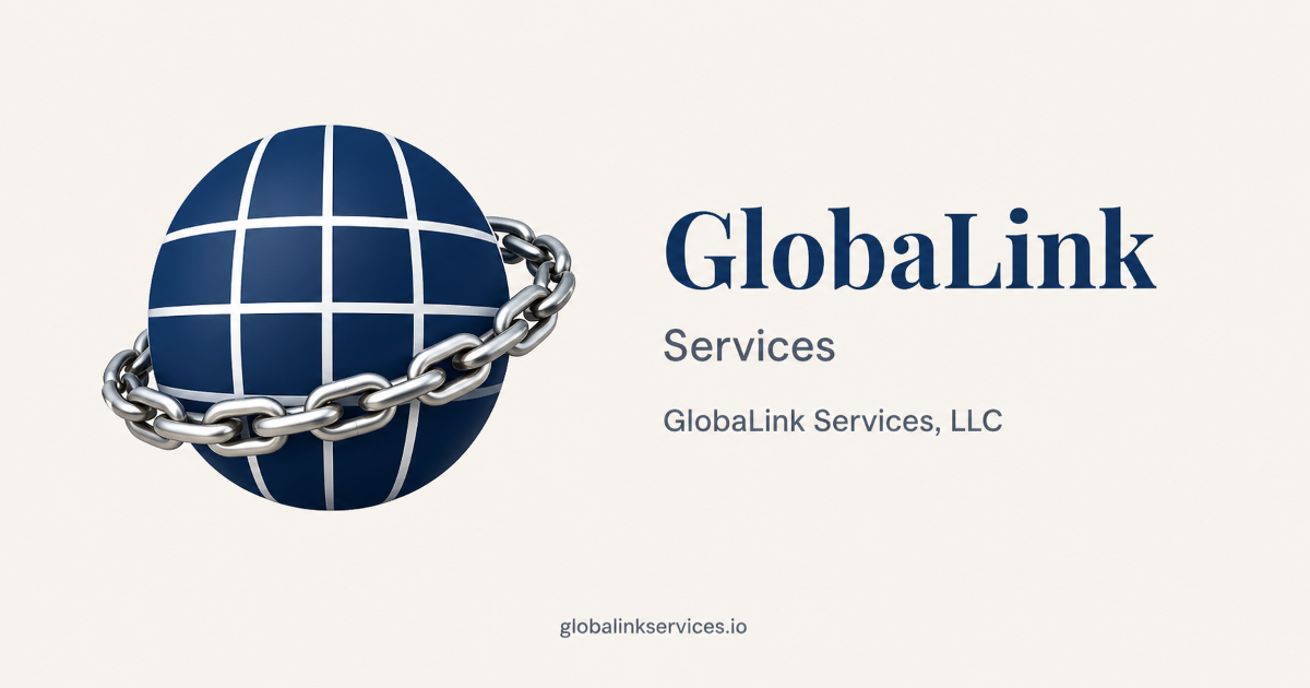 GlobaLink Services navy grid globe surrounded by silver chainlinks